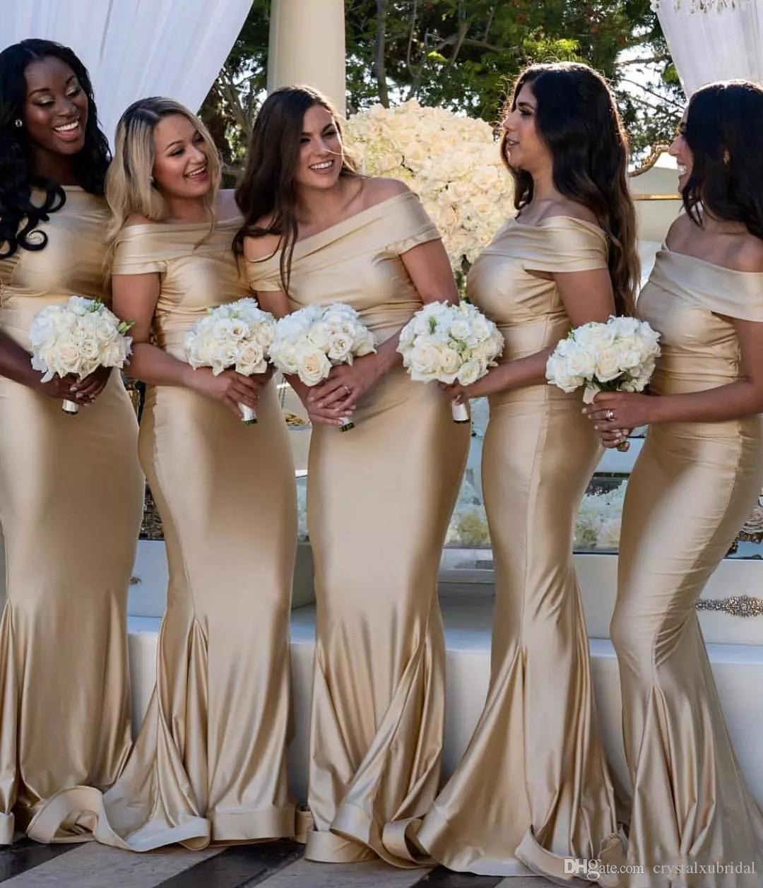 2020 Sexy Champagne Mermaid Bridesmaid Dresses Elastic Satin Off ...