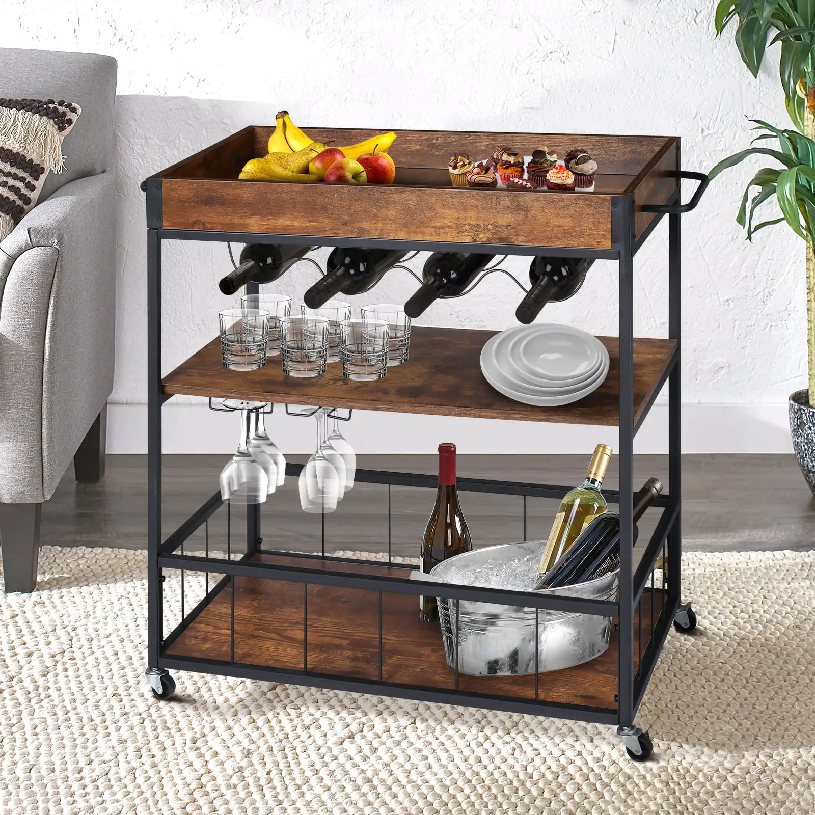 Bar Cart with Wine Rack Beverage Cart with Glass Holder Rolling Serving ...