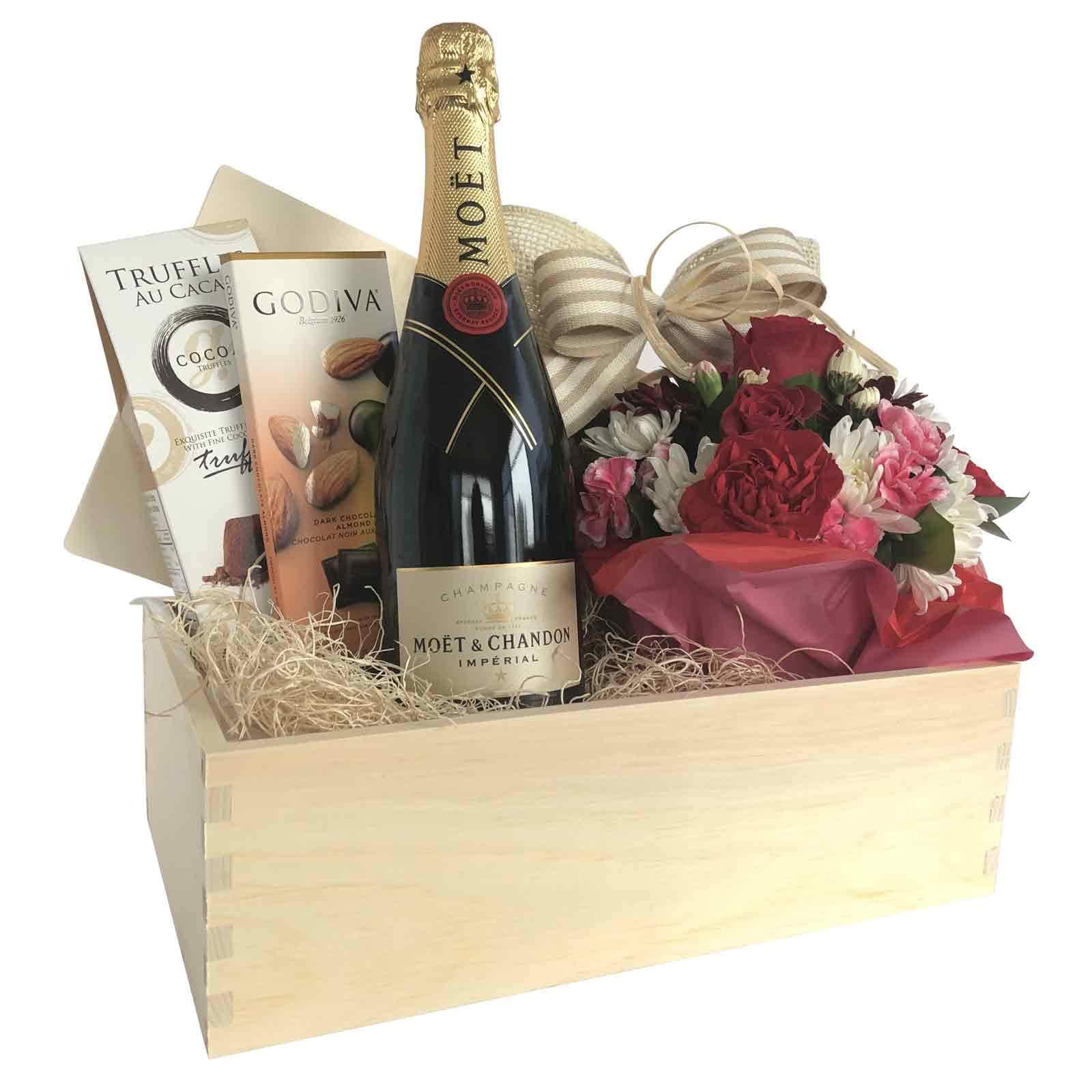 Champagne And Flower Gift Basket For Any of Life
