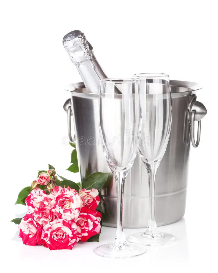 Champagne Bottle, Two Glasses And Red Rose Flowers Stock Image