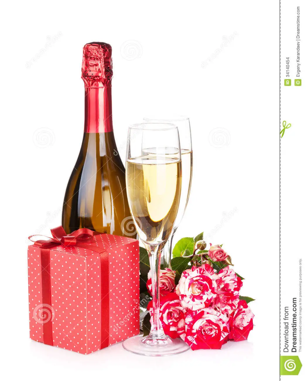 Champagne Bottle, Two Glasses, Gift Box And Red Rose Flowers Stock ...