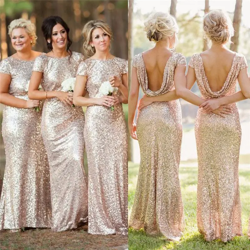 Champagne gold Long Bridesmaid Dresses Sequined Short Sleeve Floor ...