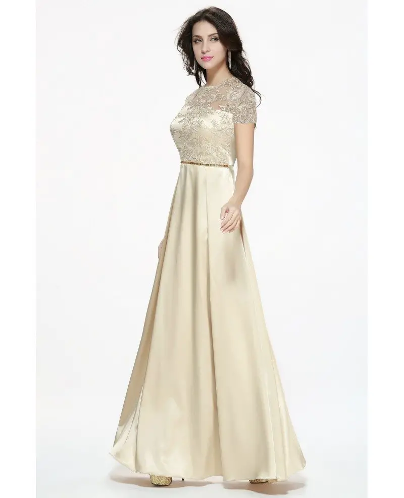 Elegant Gothic Champagne Long Satin Evening Dress with Lace Bodice # ...