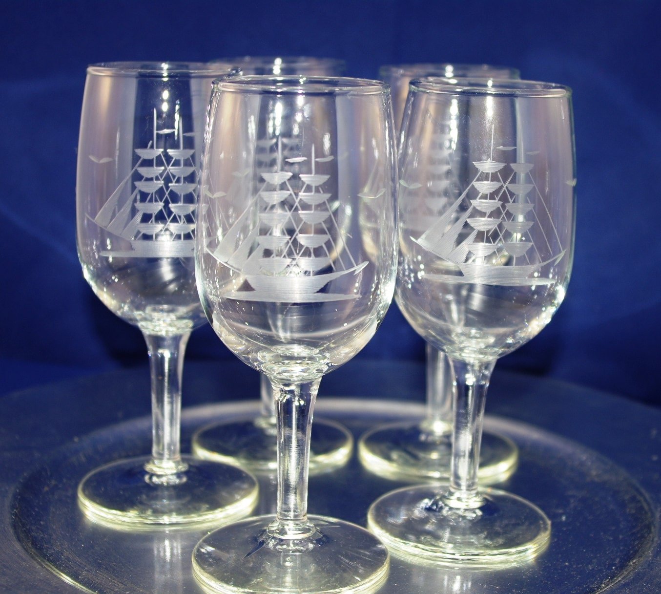 Etched Wine Glasses Sailing Ship FREE SHIPPING