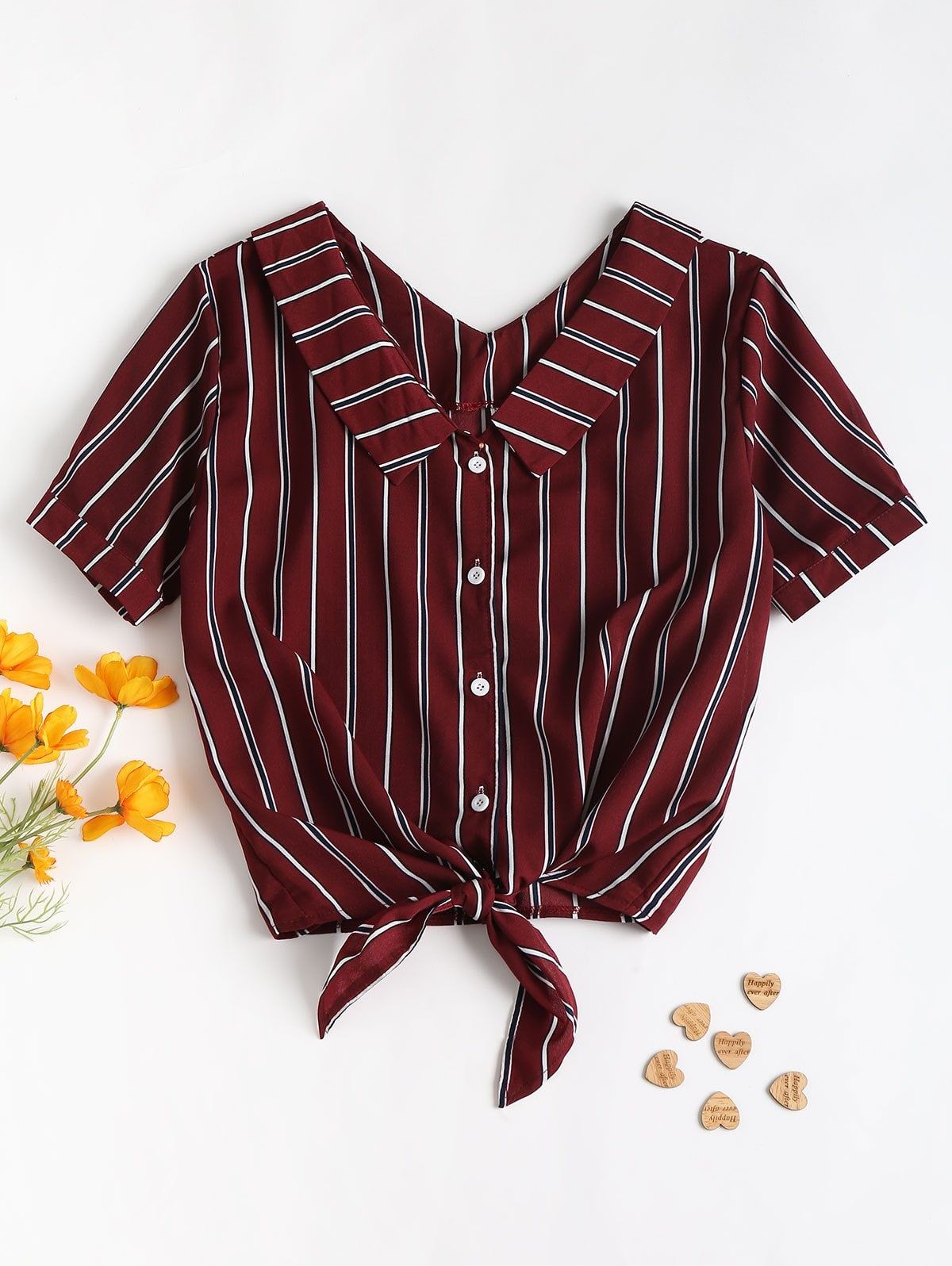 Fold Over Tie Front Striped Casual Shirt  Red Wine M Do ...