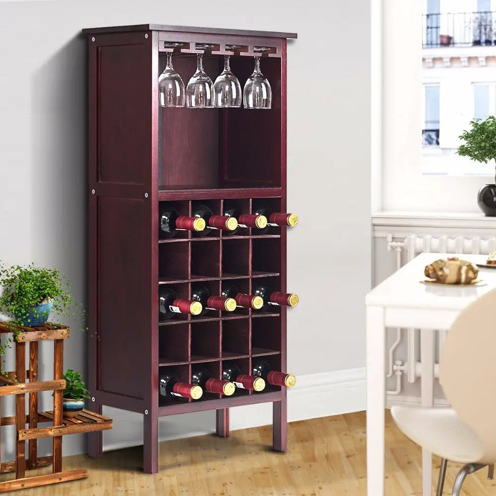 Goplus Wood Wine Cabinet Retro Burgundy 20 Bottles Holder Storage ...