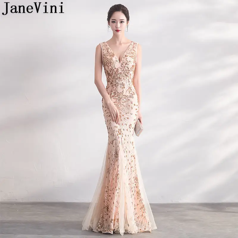 JaneVini Sparkly Champagne Gold Sequin Prom Dress Formal Mermaid Long ...