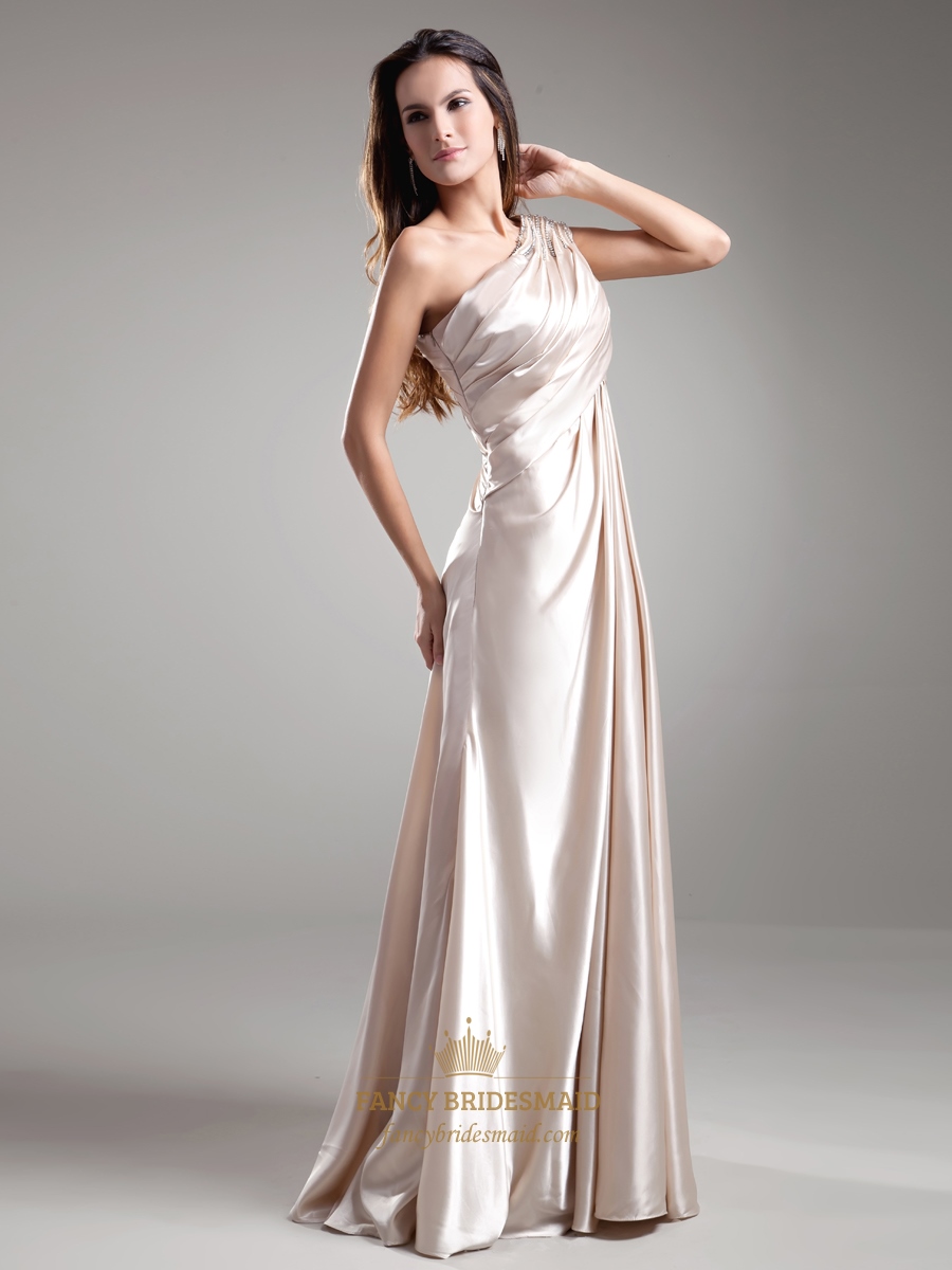 Light Champagne One Shoulder Long Bridesmaid Dresses With Beaded Strap ...