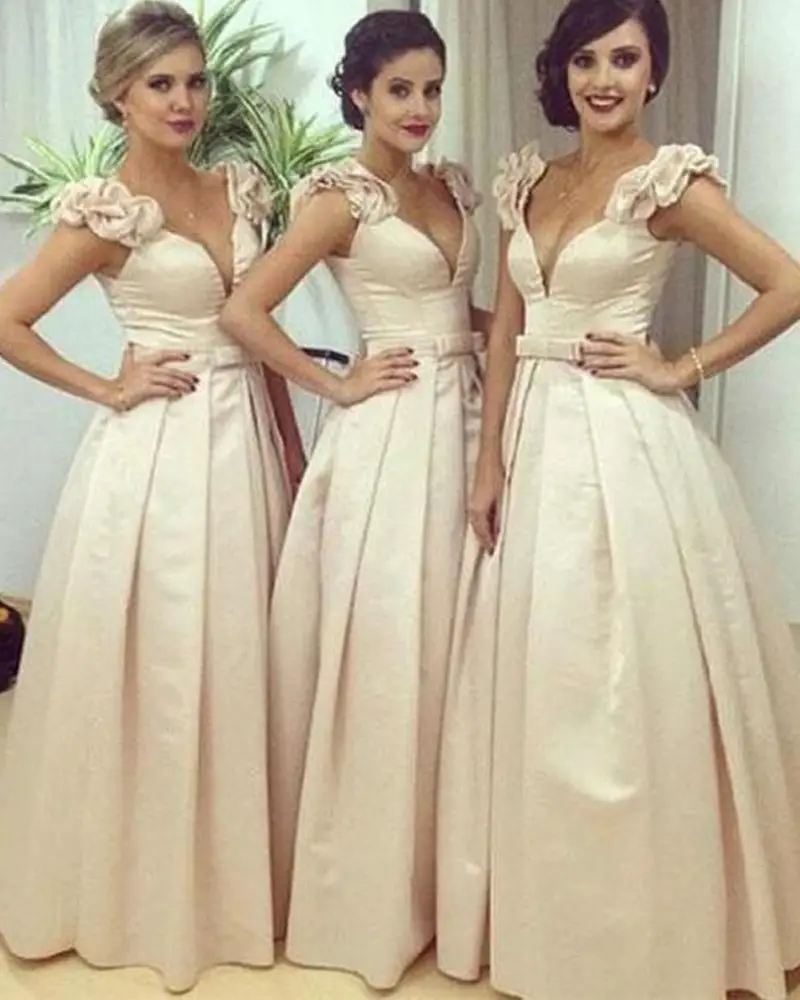 Long Champagne V Neck Satin Bridesmaid Dresses With Floral Straps And ...