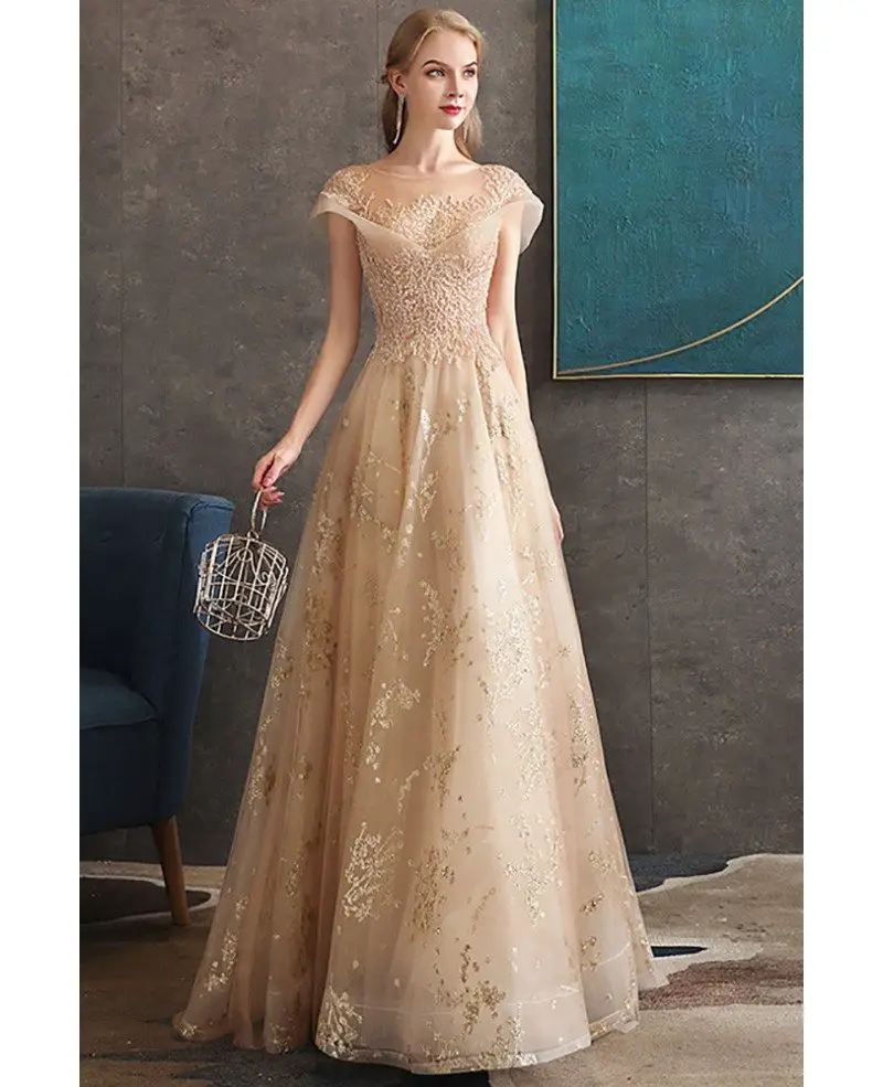 Luxury Champagne Gold Sequined Long Formal Prom Dress With Sparkly ...