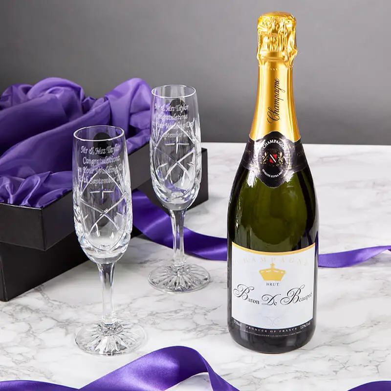 Personalised Pair of Crystal Flutes and Champagne