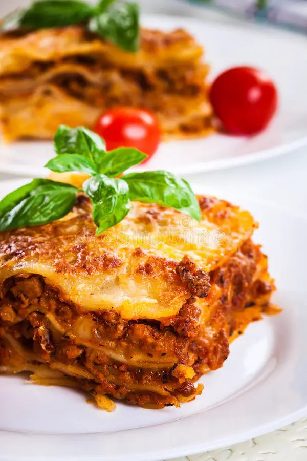Piece Of Tasty Hot Lasagna With Red Wine Stock Image ...