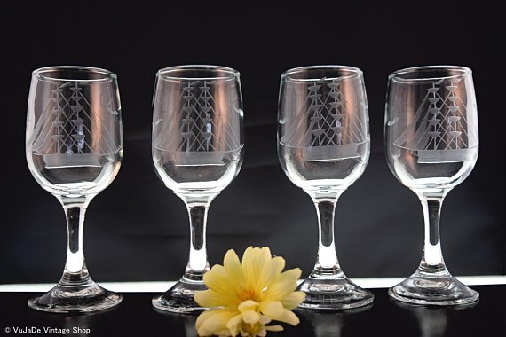 Set of four Javit Fine Etched crystal Wine glasses ...