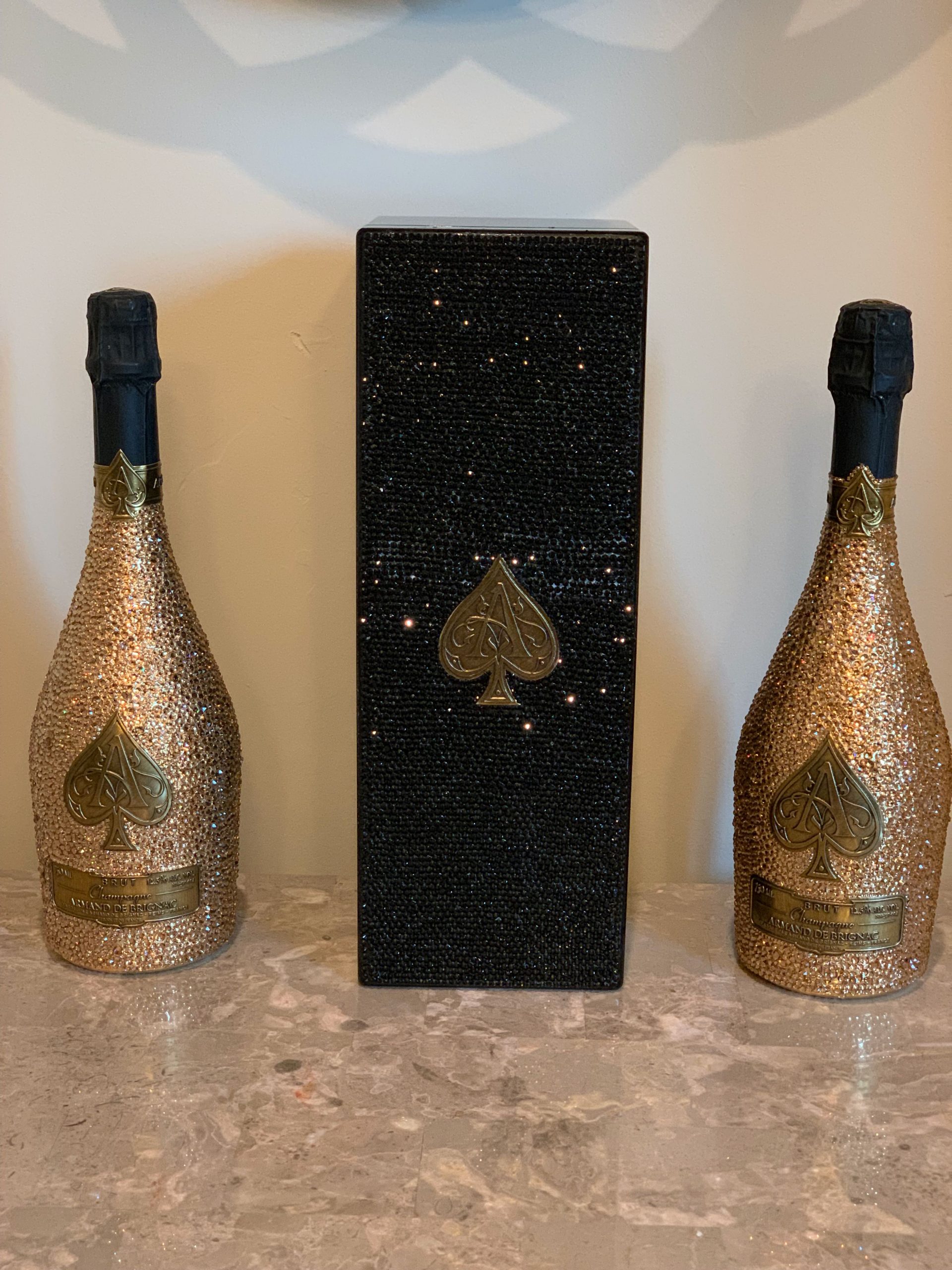 Swarovski covered Ace of Spades Champagne bottles and case