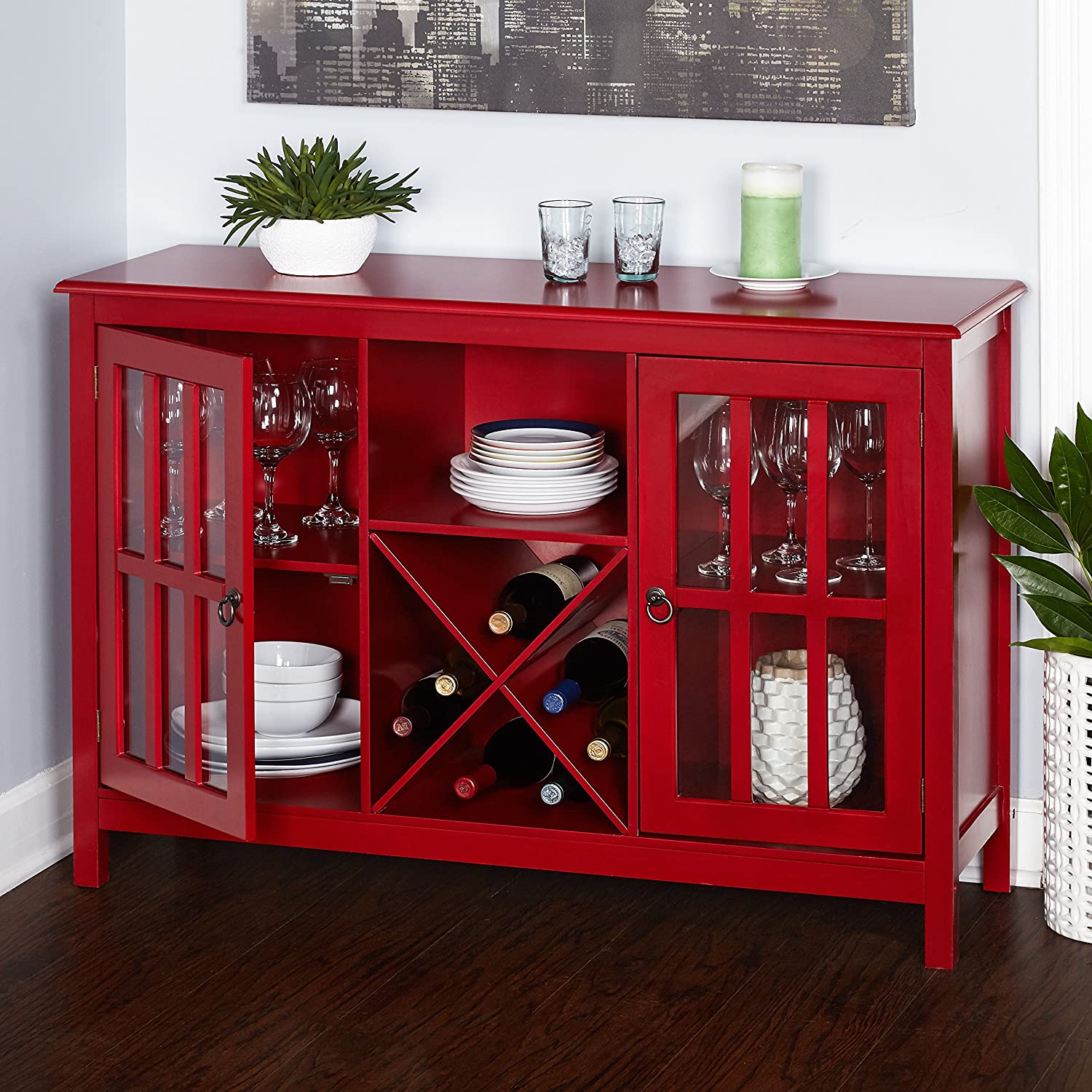 Transitional Wooden Wine Cabinet Buffet with Tempered Glass Doors and ...