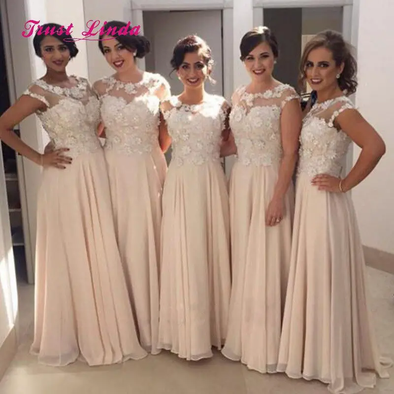 Vestido Dama Honor Champagne Bridesmaid Dresses Plus Size Illusion Neck ...