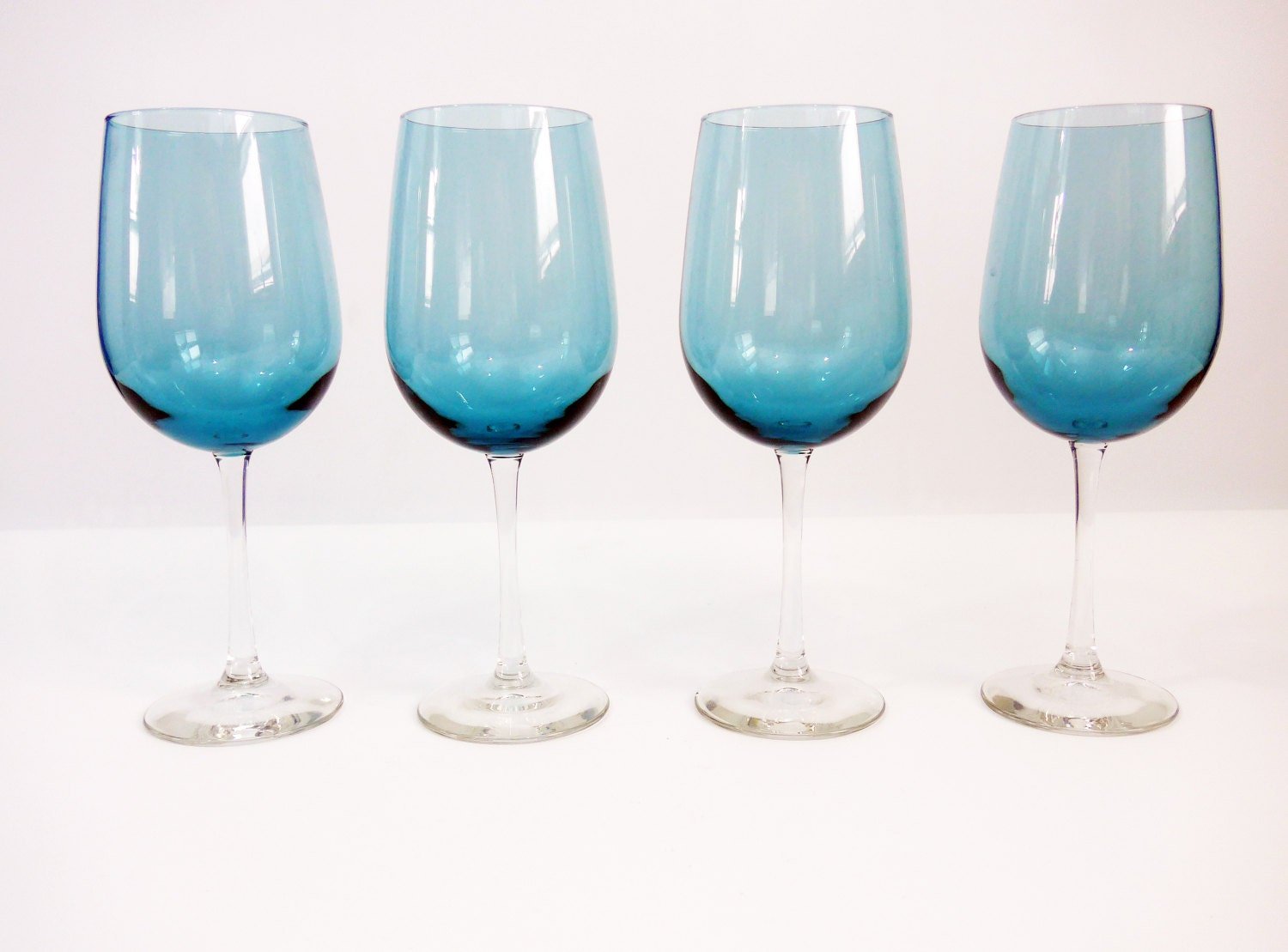 Vintage Set 4 Tall Blue Crystal Wine Glasses