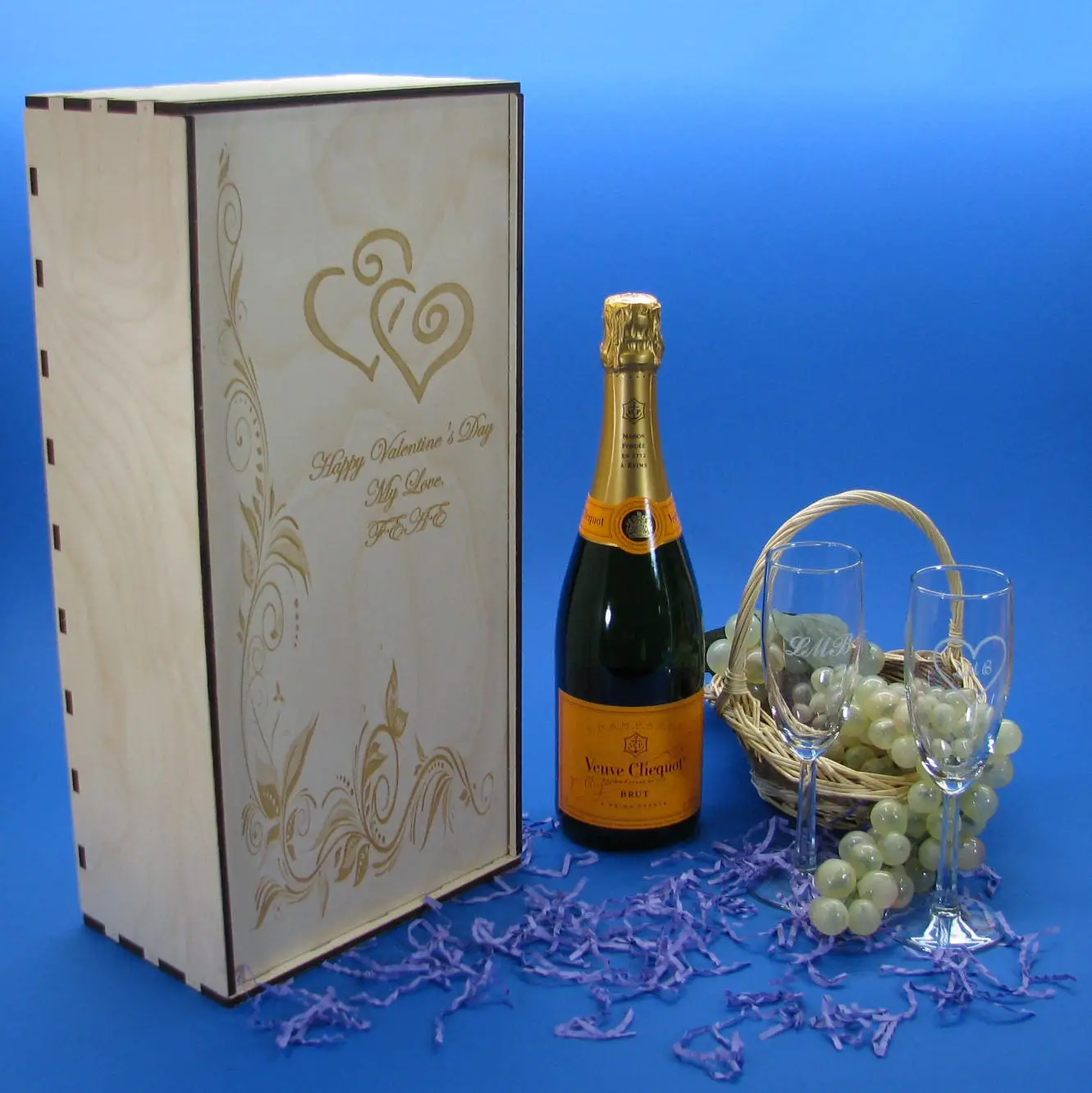 Wood Champagne Gift Box for a 750ml or 1.5L Bottle with 2 Custom Etched ...